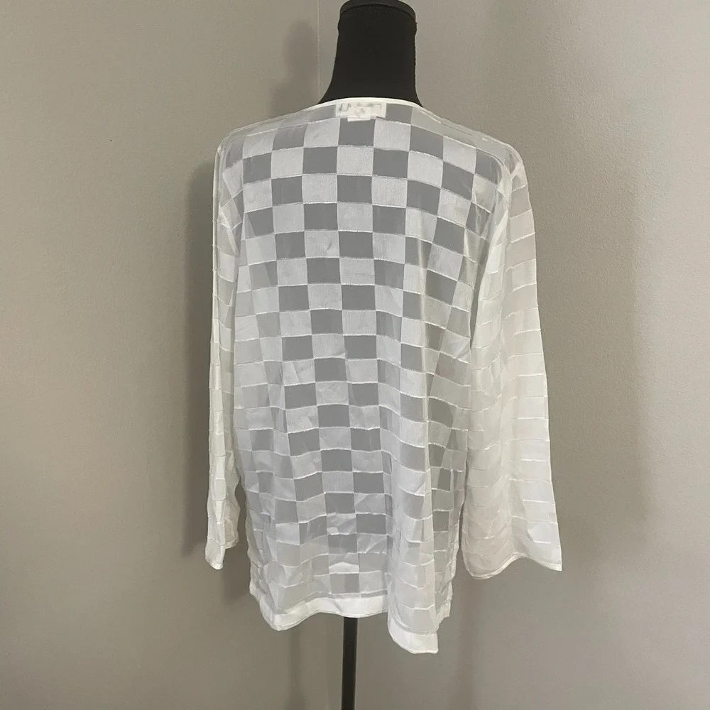 Vintage JOSIE By NATORI‎ Sz M Ivory Checkerboard Sheer Button Front Shirt Lounge